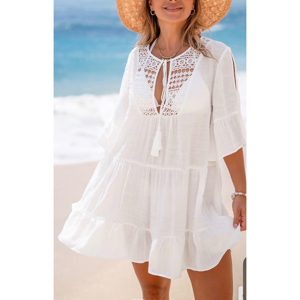 Cupshe White Crochet Lace Tiered Mini Dress Tassel Tie Beach Coverup Size L